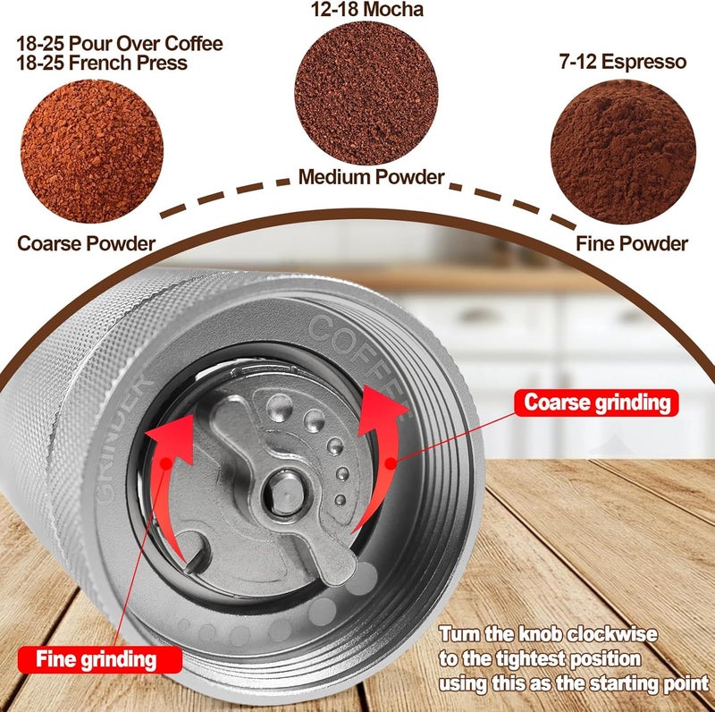 DITOSH Manual Coffee Grinder Detachable Stainless Steel Conical Burr Aluminum Coffee Bean Grinder with 25 Grinding Settings Cleaning Brush Grindable Espresso Moka Pot French Press for Camping Silver - Image 3